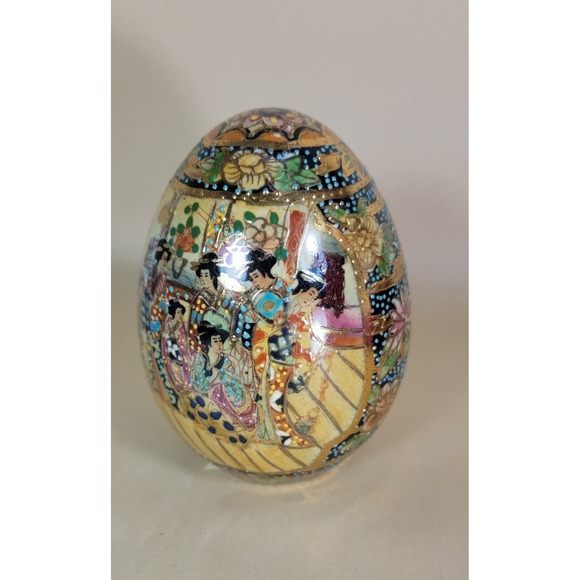 Vintage Chinese Satsuma Egg Geisha Girls Motif Hand Painted Moriage Porcelain 9" - Picture 3 of 9